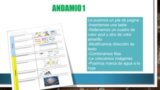 ANDAMIO1
Le pusimos un pie de pagina
-Insertamos una tabla
-Rellenamos un cuadro de
color azul y otro de color
amarillo
-Modificamos dirección de
texto
-Combinamos filas
-Le colocamos imágenes
-Pusimos marca de agua a la
hoja

 