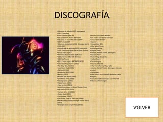 DISCOGRAFÍA
•Álbumes de estudio1997: Homework
•2001: Discovery
•2005: Human After All
•2013: Random Access Memories
•Álbumes en vivo1997: Alive 1997
•2007: Alive 2007
•Álbumes recopilación2006: Musique Vol. 1
1993–2005
•Soundtrack de películas2003: Interstella
5555 - The 5tory of the 5ecret 5tar 5ystem
•2010: Tron: Legacy
•Remixes álbumes2003: Daft Club
•2006: Human After All: Remixes
•2008: Leftovers
•2011: Tron: Legacy R3C0NFIGUR3D
•Extended PlaysDarlin' (1992)
•The New Wave (1994)
•Indo Silver Club (1996)
•Da Funk (1996)
•Revolution 909 (1996)
•Burnin' (2007)
•Around The World (1997)
•One More Time (2000)
•Aerodynamic (2001)
•Digital Love (2001)
•Face to Face (2003)
•Something About Us (Love Theme From
Interstella 5555) (2003)
•Human After All (2005)
•Robot Rock (2005)
•Technologic (2005)
•The Prime Time Of Your Life (2006)
•Harder,Better,Faster,Stronger (Alive 2007)
(2007)
•Stronger Feat. Kanye West (2007)

•Sencillos «The New Wave»
•«Da Funk» (con Soma & Virgin
•«Around the World»
•«Burnin'»
•«Revolution 909»
•«One More Time»
•«Aerodynamic»
•«Digital Love»
•«Harder, Better, Faster, Stronger»
•«Face to Face»
•«Something About Us»
•«Robot Rock»
•«Technologic»
•«Human After All
•«The Prime Time of Your Life
•«Harder, Better, Faster, Stronger» (Versión
en vivo)
•«Derezzed»
•«Get Lucky» (con Pharrell Williams & Nile
Rodgers)
•«Lose Yourself to Dance» (con Pharrell
Williams & Nile Rodgers

 