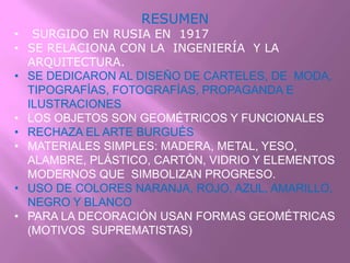RESUMEN

• SURGIDO EN RUSIA EN 1917
• SE RELACIONA CON LA INGENIERÍA Y LA
ARQUITECTURA.
• SE DEDICARON AL DISEÑO DE CARTELES, DE MODA,
TIPOGRAFÍAS, FOTOGRAFÍAS, PROPAGANDA E
ILUSTRACIONES
• LOS OBJETOS SON GEOMÉTRICOS Y FUNCIONALES
• RECHAZA EL ARTE BURGUÉS
• MATERIALES SIMPLES: MADERA, METAL, YESO,
ALAMBRE, PLÁSTICO, CARTÓN, VIDRIO Y ELEMENTOS
MODERNOS QUE SIMBOLIZAN PROGRESO.
• USO DE COLORES NARANJA, ROJO, AZUL, AMARILLO,
NEGRO Y BLANCO
• PARA LA DECORACIÓN USAN FORMAS GEOMÉTRICAS
(MOTIVOS SUPREMATISTAS)

 