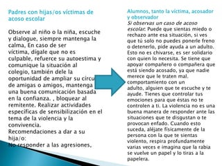 Padres con hijas/os víctimas de
acoso escolar
Observe al niño o la niña, escuche
y dialogue, siempre mantenga la
calma, En caso de ser
víctima, dígale que no es
culpable, refuerce su autoestima y
comunique la situación al
colegio, también dele la
oportunidad de ampliar su círculo
de amigas o amigos, mantenga
una buena comunicación basada
en la confianza. , bloquear al
remitente. Realizar actividades
específicas de sensibilización en el
tema de la violencia y la
convivencia.
Recomendaciones a dar a su
hija/o:
No responder a las agresiones,

Alumnos, tanto la víctima, acosador
y observador

Si observas un caso de acoso
escolar: Puede que sientas miedo o

rechazo ante esa situación, si ves
que tú solo no puedes ponerle freno
o detenerlo, pide ayuda a un adulto.
Esto no es chivarse, es ser solidario
con quien lo necesita. Se tiene que
apoyar compañero o compañera que
está siendo acosado, ya que nadie
merece que le traten mal.
comportamiento con un
adulto, alguien que te escuche y te
ayude. Tienes que controlar tus
emociones para que éstas no te
controlen a ti. La violencia no es una
buena manera de responder ante las
situaciones que te disgustan o te
provocan enfado. Cuando esto
suceda, aléjate físicamente de la
persona con la que te sientas
violento, respira profundamente
varias veces e imagina que la rabia
se vuelve un papel y lo tiras a la
papelera.

 