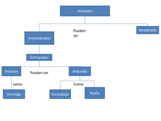 Animales

Vertebrado

Pueden
ser

Invertebrados

Artrópodos
Insectos

Arácnido

Pueden ser

como
Hormiga

Como
Escarabajo

Araña

 