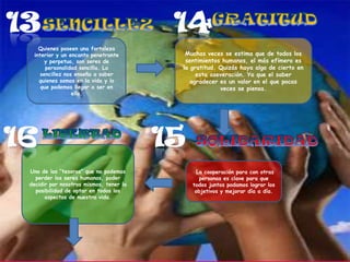 Quienes poseen una fortaleza
interior y un encanto penetrante
y perpetuo, son seres de
personalidad sencilla. La
sencillez nos enseña a saber
quienes somos en la vida y lo
que podemos llegar a ser en
ella.

Uno de los “tesoros” que no podemos
perder los seres humanos, poder
decidir por nosotros mismos, tener la
posibilidad de optar en todos los
aspectos de nuestra vida.

Muchas veces se estima que de todos los
sentimientos humanos, el más efímero es
la gratitud. Quizás haya algo de cierto en
esta aseveración. Ya que el saber
agradecer es un valor en el que pocas
veces se piensa.

La cooperación para con otras
personas es clave para que
todos juntos podamos lograr los
objetivos y mejorar día a día.

 