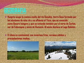 GEOGRAFIA
 Hungría ocupa la cuenca media del río Danubio, tierra llana formada por

los aluviones de este río y su afluente el Tisza, que es conocida
como llanura húngara y que se extiende también por el norte de Serbia,
sur de Eslovaquia y oeste de Rumanía. Al oeste destaca el Lago Balatón.
 El clima es continental, con inviernos fríos, veranos cálidos y

precipitaciones medias.

 