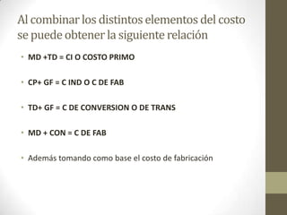 Al combinar los distintos elementos del costo
se puede obtener la siguiente relación
• MD +TD = CI O COSTO PRIMO
• CP+ GF = C IND O C DE FAB
• TD+ GF = C DE CONVERSION O DE TRANS
• MD + CON = C DE FAB
• Además tomando como base el costo de fabricación

 