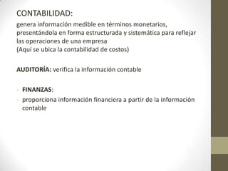 CONTABILIDAD:
genera información medible en términos monetarios,
presentándola en forma estructurada y sistemática para reflejar
las operaciones de una empresa
(Aquí se ubica la contabilidad de costos)
AUDITORÍA: verifica la información contable
- FINANZAS:
- proporciona información financiera a partir de la información
contable

 