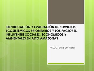 IDENTIFICACIÓN Y EVALUACIÓN DE SERVICIOS
ECOSISTÉMICOS PRIORITARIOS Y LOS FACTORES
INFLUYENTES SOCIALES, ECONÓMICOS Y
AMBIENTALES EN ALTO AMAZONAS
PhD. C. Erika Um Flores

 