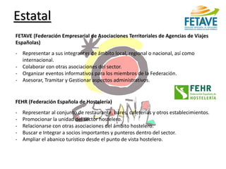 Estatal
FETAVE (Federación Empresarial de Asociaciones Territoriales de Agencias de Viajes
Españolas)

- Representar a sus integrantes de ámbito local, regional o nacional, así como
internacional.
- Colaborar con otras asociaciones del sector.
- Organizar eventos informativos para los miembros de la Federación.
- Asesorar, Tramitar y Gestionar aspectos administrativos.

FEHR (Federación Española de Hostelería)
-

Representar al conjunto de restaurante, bares, cafeterías y otros establecimientos.
Promocionar la unidad del sector hostelero.
Relacionarse con otras asociaciones del ámbito hostelero.
Buscar e Integrar a socios importantes y punteros dentro del sector.
Ampliar el abanico turístico desde el punto de vista hostelero.

 