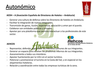 Autonómico
AEDH – A (Asociación Española de Directores de Hoteles – Andalucía)
-

Generar una cultura de defensa sobre los Directores de hoteles en Andalucía.
Facilitar la integración de nuevos integrantes.
Transmisión de ganas, ilusión, experiencia, educación y amor por el puesto.
Colaborar con entidades públicas y privadas.
Apostar por una plataforma que permita interactuar a los profesionales de este
sector.

AEHCOS
-

Andalucía

Representar, defender y gestionar los intereses comunes de sus integrantes.
Generar un espacio para resolver los problemas internos de sus integrantes.
Asesoramiento a todos sus miembros.
Apostar fuertemente por la I+D+i en el sector turístico.
Potenciar y promocionar el turismo en la Costa del Sol, y en especial en los
alojamientos hoteleros.
- Relación y coordinación entre todas las empresas turísticas de la zona.

 