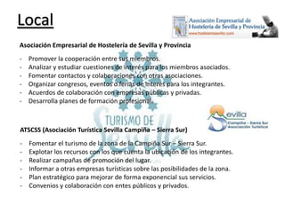 Local
Asociación Empresarial de Hostelería de Sevilla y Provincia
-

Promover la cooperación entre sus miembros.
Analizar y estudiar cuestiones de interés para los miembros asociados.
Fomentar contactos y colaboraciones con otras asociaciones.
Organizar congresos, eventos o ferias de interés para los integrantes.
Acuerdos de colaboración con empresas públicas y privadas.
Desarrolla planes de formación profesional.

ATSCSS (Asociación Turística Sevilla Campiña – Sierra Sur)
-

Fomentar el turismo de la zona de la Campiña Sur – Sierra Sur.
Explotar los recursos con los que cuenta la ubicación de los integrantes.
Realizar campañas de promoción del lugar.
Informar a otras empresas turísticas sobre las posibilidades de la zona.
Plan estratégico para mejorar de forma exponencial sus servicios.
Convenios y colaboración con entes públicos y privados.

 