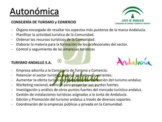 Autonómica
CONSEJERÍA DE TURISMO y COMERCIO

-

Órgano encargado de resaltar los aspectos más punteros de la marca Andalucía.
Planificar la actividad turística de la Comunidad.
Ordenar los recursos turísticos de la Comunidad.
Elaborar la materia para la formación de los profesionales del sector.
Control y seguimiento de las empresas turísticas

TURISMO ANDALUZ S.A.
-

Empresa adscrita a la Consejería de Turismo y Comercio.
Potenciar el sector turístico andaluz en todas sus variantes.
Aumentar la oferta turística a través de la diversificación del turismo andaluz.
Marketing nacional, esencial para proyectar sus puntos fuertes.
Investigación y análisis de otros puntos fuertes del mercado turístico andaluz.
Gestión de instalaciones turísticas asignadas a la Junta de Andalucía.
Edición y Promoción del turismo andaluz a través de diversos soportes.
Coordinación de la empresas públicas y privada en la Comunidad.

 