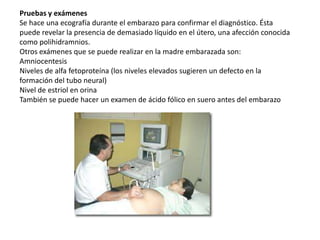 Pruebas y exámenes
Se hace una ecografía durante el embarazo para confirmar el diagnóstico. Ésta
puede revelar la presencia de demasiado líquido en el útero, una afección conocida
como polihidramnios.
Otros exámenes que se puede realizar en la madre embarazada son:
Amniocentesis
Niveles de alfa fetoproteína (los niveles elevados sugieren un defecto en la
formación del tubo neural)
Nivel de estriol en orina
También se puede hacer un examen de ácido fólico en suero antes del embarazo

 
