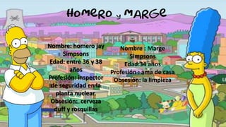 Nombre: homero jay
Nombre : Marge
Simpsons
Simpsons
Edad: entre 36 y 38
Edad:34 años
años
Profesión : ama de casa
Profesión: inspector
Obsesión: la limpieza
de seguridad en la
planta nuclear.
Obsesión: cerveza
duff y rosquillas

 