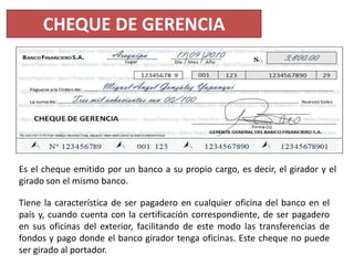 CHEQUE DE GERENCIA

Es el cheque emitido por un banco a su propio cargo, es decir, el girador y el
girado son el mismo banco.
Tiene la característica de ser pagadero en cualquier oficina del banco en el
país y, cuando cuenta con la certificación correspondiente, de ser pagadero
en sus oficinas del exterior, facilitando de este modo las transferencias de
fondos y pago donde el banco girador tenga oficinas. Este cheque no puede
ser girado al portador.

 
