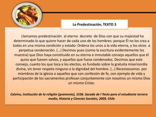 La Predestinación, TEXTO 3
Llamamos predestinación al eterno decreto de Dios con que su majestad ha
determinado lo que quiere hacer de cada uno de los hombres: porque Él no los crea a
todos en una misma condición y estado: Ordena los unos a la vida eterna, y los otros a
perpetua condenación. (…) Decimos pues (como la escritura evidentemente los
muestra) que Dios haya constituido en su eterno e inmutable consejo aquellos que él
quiso que fuesen salvos, y aquellos que fuese condenados. Decimos que este
consejo, cuanto los que toca a los electos, es fundado sobre la gratuita misericordia
divina, sin tener respeto ninguno a la dignidad del hombre. (…) Reconozcamos por
miembros de la iglesia a aquellos que con confesión de fe, con ejemplo de vida y
participación de los sacramentos profesan conjuntamente con nosotros un mismo Dios
un mismo Cristo.
Calvino, Institución de la religión (gramento), 1536. Sacado de l Texto para el estudiante tercero
medio, Historia y Ciencias Sociales, 2009, Chile

 