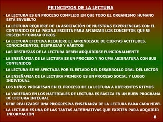 PRINCIPIOS DE LA LECTURA
• LA LECTURA ES UN PROCESO COMPLEJO EN QUE TODO EL ORGANISMO HUMANO
ESTÁ ENVUELTO
• LA LECTURA REQUIERE DE LA ASOCIACIÓN DE NUESTRAS EXPERIENCIAS CON EL
CONTENIDO DE LA PÁGINA ESCRITA PARA AFIANZAR LOS CONCEPTOS QUE SE
POSEEN Y FORMAR OTROS

• LA LECTURA EFECTIVA REQUIERE EL APRENDIZAJE DE CIERTAS ACTITUDES,
CONOCIMIENTOS, DESTREZAS Y HÁBITOS
• LAS DESTREZAS DE LA LECTURA DEBEN ADQUIRIRSE FUNCIONALMENTE
• LA ENSEÑANZA DE LA LECTURA ES UN PROCESO Y NO UNA ASIGNATURA CON SUS
CONTENIDOS

• LA LECTURA SE VE AFECTADA POR EL ESTADO DEL DESARROLLO ORAL DEL LECTOR
• LA ENSEÑANZA DE LA LECTURA PRIMERO ES UN PROCESO SOCIAL Y LUEGO
INDIVIDUAL
• LOS NIÑOS PROGRESAN EN EL PROCESO DE LA LECTURA A DIFERENTES RITMOS
• LA VARIEDAD EN LOS MATERIALES DE LECTURA ES BÁSICA EN UN BUEN PROGRAMA
DE LECTURA INTEGRAL
• DEBE REALIZARSE UNA PROGRESIVA ENSEÑANZA DE LA LECTURA PARA CADA NIVEL
• LA LECTURA ES UNA DE LAS TANTAS ALTERNATIVAS QUE EXISTEN PARA ADQUIRIR
INFORMACIÓN

8

 