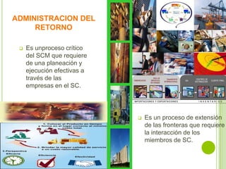 ADMINISTRACION DEL
RETORNO


Es unproceso crítico
del SCM que requiere
de una planeación y
ejecución efectivas a
través de las
empresas en el SC.



Es un proceso de extensión
de las fronteras que requiere
la interacción de los
miembros de SC.

 