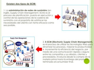 Existen dos tipos de SCM:
1. La administración de redes de suministro (en
inglés, Supply Chain Management, SCM) es el
proceso de planificación, puesta en ejecución y
control de las operaciones de la cadena de
suministro con el propósito de satisfacer las
necesidades del cliente con tanta eficacia como
sea posible.

2. E-SCM (Electronic Supply Chain Management),
es el proceso de utilizar las tecnologías Web para
dinamizar los procesos, mejorar la productividad
e incrementar la eficiencia del negocio, por
medio de una comunicación rápida y segura
entre las compañías y sus aliados, clientes y
proveedores. Involucra desde la compra de la
materia prima hasta la entrega del producto
terminado al consumidor final.

 