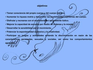 objetivos
Objetivos
Tomar consciencia del propio cuerpo y del cuerpo del otro.
Aumentar la riqueza motriz y desarrollar las posibilidades expresivas del cuerpo.
Disfrutar y recrearse con el movimiento en un ambiente lúdico.
Mejorar la capacidad de escucha por medio de la danza y la música.

Desarrollar la sensibilidad por el movimiento.
Potenciar la espontaneidad expresiva y la creatividad.
Participar en juegos y actividades evitando la discriminación en razón de las
características personales, sexuales y sociales, así como los comportamientos

agresivos.

 