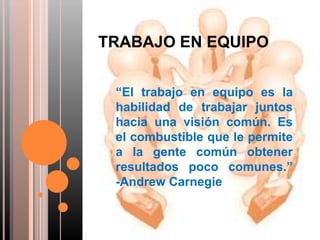 TRABAJO EN EQUIPO
“El trabajo en equipo es la
habilidad de trabajar juntos
hacia una visión común. Es
el combustible que le permite
a la gente común obtener
resultados poco comunes.”
-Andrew Carnegie

 