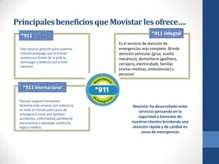 Principales beneficios que Movistar les ofrece….
*911
Este servicio gratuito para nuestros
clientes postpago que le brinda
asistencia a través de la policía,
serenazgo o defensa civil a nivel
nacional.

*911 Integral
Es el servicio de atención de
emergencias más completo. Brinda
atención vehicular (grúa, auxilio
mecánico), domiciliaria (gasfitero,
cerrajero, electricidad), familiar
(visitas medicas, ambulancias) y
personal

*911 Internacional
Para los viajeros frecuentes
tenemos este servicio con cobertura
en todo el mundo para casos de
emergencia como por ejemplo
accidentes, enfermedad, perdida de
documentos o equipaje, asistencia
legal o médica.

Movistar ha desarrollado estos
servicios pensando en la
seguridad y bienestar de
nuestros clientes brindando una
atención rápida y de calidad en
casos de emergencias

 