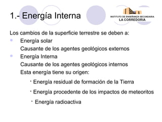 1.- Energía Interna
Los cambios de la superficie terrestre se deben a:
 Energía solar
Causante de los agentes geológicos externos
 Energía Interna
Causante de los agentes geológicos internos
Esta energía tiene su origen:

· Energía residual de formación de la Tierra
· Energía procedente de los impactos de meteoritos
· Energía radioactiva

 