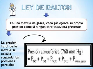 En una mezcla de gases, cada gas ejerce su propia
presion como si ningun otro estuviera presente

La presion
total de la
mezcla se
calcula
sumando las
presiones
parciales

 
