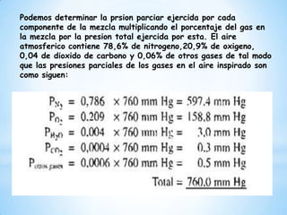 Podemos determinar la prsion parciar ejercida por cada
componente de la mezcla multiplicando el porcentaje del gas en
la mezcla por la presion total ejercida por esta. El aire
atmosferico contiene 78,6% de nitrogeno,20,9% de oxigeno,
0,04 de dioxido de carbono y 0,06% de otros gases de tal modo
que las presiones parciales de los gases en el aire inspirado son
como siguen:

 