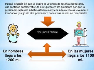 Incluso después de que se espira el volumen de reserva espiratorio,
una cantidad considerable de aire queda en los pulmones por que la
presión intrapleural subatmosferica mantiene a los alveolos levemente
insuflados, y algo de aire permanece en las vías aéreas no colapsables.

VOLUMEN RESIDUAL

En hombres
llega a los
1200 mL

 