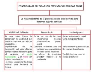 CONSEJOS PARA PREPARAR UNA PRESENTACION EN POWE POINT
Lo mas importante de la presentación se el contenido pero
daremos algunos consejos
Visibilidad del texto
Movimiento
Las imágenes
En una buena forma de Es tal vez una de las muy Deben ir de acuerdo con el
comprobar la visibilidad del
importantes
buenas tema de la presentación
texto es imprimir una de las
características
power
diapositivas
point
Dependiendo
de
la Conviene utilizarlas con un De lo contrario pueden incluso
iluminación del salon algunas
cuidado una presentación der motivo de confusión
combinaciones de colores para
lleno de textos voladores
el
proyector
el
verde Los efectos de transición También hay que tener en
fluorescente y el fucsia son
pueden distraer a la cuneta el tamaño
colores muy bonitos
audiencia
es mejor seleccionar las letras
clásicas para facilitarle la
lectura