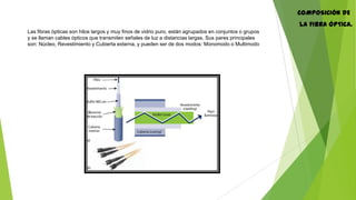 COMPOSICIÓN DE
LA FIBRA ÓPTICA.
Las fibras ópticas son hilos largos y muy finos de vidrio puro, están agrupados en conjuntos o grupos
y se llaman cables ópticos que transmiten señales de luz a distancias largas. Sus pares principales
son: Núcleo, Revestimiento y Cubierta externa, y pueden ser de dos modos: Monomodo o Multimodo
 