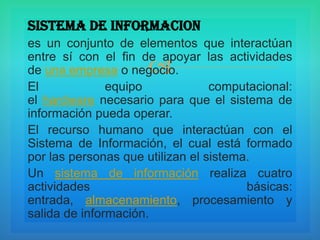 
SISTEMA DE INFORMACION
es un conjunto de elementos que interactúan
entre sí con el fin de apoyar las actividades
de una empresa o negocio.
El equipo computacional:
el hardware necesario para que el sistema de
información pueda operar.
El recurso humano que interactúan con el
Sistema de Información, el cual está formado
por las personas que utilizan el sistema.
Un sistema de información realiza cuatro
actividades básicas:
entrada, almacenamiento, procesamiento y
salida de información.
 