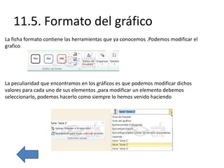 11.5. Formato del gráfico
La ficha formato contiene las herramientas que ya conocemos .Podemos modificar el
grafico
La peculiaridad que encontramos en los gráficos es que podemos modificar dichos
valores para cada uno de sus elementos ,para modificar un elemento debemos
seleccionarlo, podemos hacerlo como siempre lo hemos venido haciendo
 