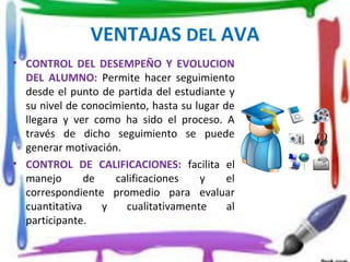 VENTAJAS DEL AVA
• CONTROL DEL DESEMPEÑO Y EVOLUCION
DEL ALUMNO: Permite hacer seguimiento
desde el punto de partida del estudiante y
su nivel de conocimiento, hasta su lugar de
llegara y ver como ha sido el proceso. A
través de dicho seguimiento se puede
generar motivación.
• CONTROL DE CALIFICACIONES: facilita el
manejo de calificaciones y el
correspondiente promedio para evaluar
cuantitativa y cualitativamente al
participante.
 
