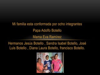 Mi familia esta conformada por ocho integrantes
Papa Adolfo Botello
Mama Eva Ramírez
Hermanos Jesús Botello , Sandra Isabel Botello, José
Luis Botello , Diana Laura Botello, francisco Botello.
 