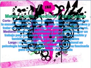 Metas a corto , mediano y largo plazo
Corto : me gustaría primero obtener mejor calificaciones en
la escuela mejorar en todo para estar bien con migo misma y
tratar de ser lo mejor para que se sientan orgullosos de mi.
Mediano: terminar el bachillerato y si es posible buscar un
trabajo para que pueda seguir estudiando si es posible y
también para ayudar en la casa con los gastos
Largo : si es posible tener mi carrera profesional en
psicología laboral o en pediatría que es lo que me fascinaría
para dedicarme a eso en toda mi vida
 