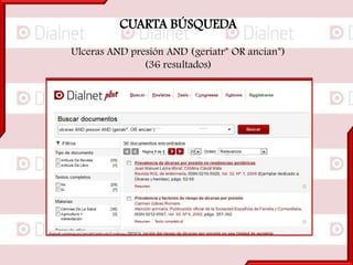 CUARTA BÚSQUEDA
Ulceras AND presión AND (geriatr* OR ancian*)
(36 resultados)
 