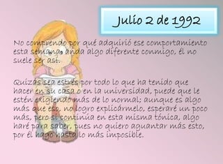 Julio 2 de 1992
No comprendo por qué adquirió ese comportamiento
esta semana, anda algo diferente conmigo, él no
suele ser así.
Quizás sea estrés por todo lo que ha tenido que
hacer en su casa o en la universidad, puede que le
estén exigiendo más de lo normal; aunque es algo
más que eso, no logro explicármelo, esperaré un poco
más, pero si continúa en esta misma tónica, algo
haré para saber, pues no quiero aguantar más esto,
por él hago hasta lo más imposible.
 