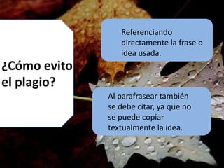 ¿Cómo evito
el plagio?
Referenciando
directamente la frase o
idea usada.
Al parafrasear también
se debe citar, ya que no
se puede copiar
textualmente la idea.
 