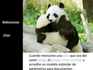 Referenciar
Citar
Cuando mencione una idea que sea del
autor ponga el pasaje entre comillas y
acredite un modelo estándar de
parámetros para documentar.
 