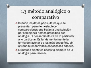 1.3 método analógico o
comparativo
O Cuando los datos particulares que se
presentan permiten establecer
comparaciones que llevan a una solución
por semejanza hemos procedido por
analogía. El pensamiento va de lo particular
a lo particular. Es fundamentalmente la
forma de razonar de los más pequeños, sin
olvidar su importancia en todas las edades.
O El método científico necesita siempre de la
analogía para razonar.
 