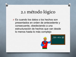 2.1 método lógico
O Es cuando los datos o los hechos son
presentados en orden de antecedente y
consecuente, obedeciendo a una
estructuración de hechos que van desde
lo menos hasta lo más complejo
 