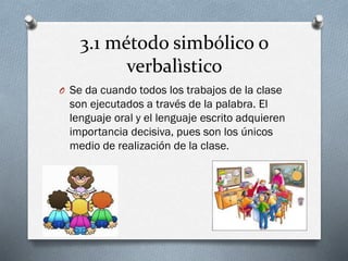 3.1 método simbólico o
verbalìstico
O Se da cuando todos los trabajos de la clase
son ejecutados a través de la palabra. El
lenguaje oral y el lenguaje escrito adquieren
importancia decisiva, pues son los únicos
medio de realización de la clase.
 