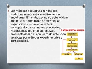 O Los métodos deductivos son los que
tradicionalmente más se utilizan en la
enseñanza. Sin embargo, no se debe olvidar
que para el aprendizaje de estrategias
cognoscitivas, creación o síntesis
conceptual, son los menos adecuados.
Recordemos que en el aprendizaje
propuesto desde el comienzo de este texto,
se aboga por métodos experimentales y
participativos.
 