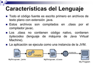 Características del Lenguaje
 Todo el código fuente es escrito primero en archivos de
texto plano con extensión .java.
 Estos archivos son compilados en .class por el
compilador javac.
 Los .class no contienen código nativo, contienen
bytecodes (lenguaje de máquina de Java Virtual
Machine).
 La aplicación se ejecuta como una instancia de la JVM.
 