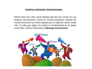 EJEMPLO LIDERAZGO TRANSACCIONAL.
Héctor lleva tres años como director del área de ventas en una
empresa farmacéutica. Como en muchas empresas, compite de
manera bimestral con otros equipos por un objetivo: quién vende
más. Él sabe que lograr las metas es fundamental en su papel
como líder. ¿Cómo? Aplicando el liderazgo transaccional.
 