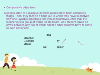  Comparative adjectives:
Students listen to a dialogue in which people have been comparing
things. Then, they receive a hand-out in which they have to analyze
how one -syllable adjectives turn into comparatives. After that, the
teacher puts a group of words on the board. One student draws an
arrow between any two of words and the other students have to come
up with sentences.
dog
Elephant
Crocodile fly
Mouse
cat spider
 