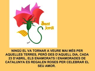 NINGÚ EL VA TORNAR A VEURE MAI MÉS PER
AQUELLES TERRES, PERÒ DES D’AQUELL DIA, CADA
23 D’ABRIL, ELS ENAMORATS I ENAMORADES DE
CATALUNYA ES REGALEN ROSES PER CELEBRAR EL
SEU AMOR.
 