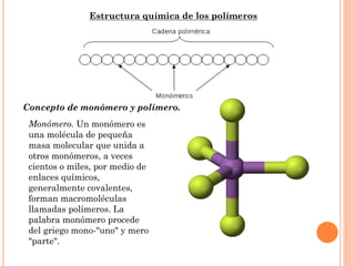 Estructura química de los polímeros
Concepto de monómero y polímero.
Monómero. Un monómero es
una molécula de pequeña
masa molecular que unida a
otros monómeros, a veces
cientos o miles, por medio de
enlaces químicos,
generalmente covalentes,
forman macromoléculas
llamadas polímeros. La
palabra monómero procede
del griego mono-"uno" y mero
"parte".
 