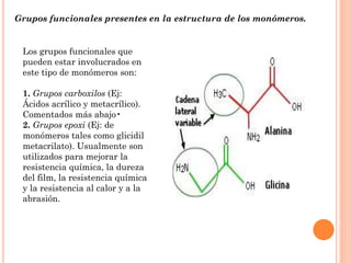Grupos funcionales presentes en la estructura de los monómeros.
Los grupos funcionales que
pueden estar involucrados en
este tipo de monómeros son:
1. Grupos carboxilos (Ej:
Ácidos acrílico y metacrílico).
Comentados más abajo•
2. Grupos epoxi (Ej: de
monómeros tales como glicidil
metacrilato). Usualmente son
utilizados para mejorar la
resistencia química, la dureza
del film, la resistencia química
y la resistencia al calor y a la
abrasión.
 