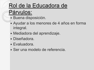 Rol de la Educadora de
Párvulos:
 Buena disposición.
 Ayudar a los menores de 4 años en forma
integral.
 Mediadora del aprendizaje.
 Diseñadora.
 Evaluadora.
 Ser una modelo de referencia.
 